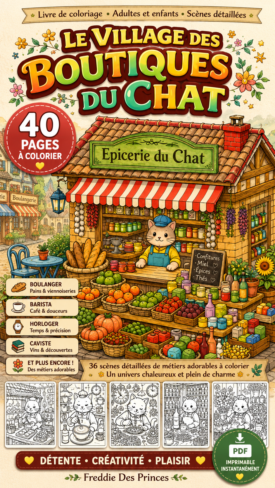 Coloriage cosy kawaii â village de chats commerçants PDF