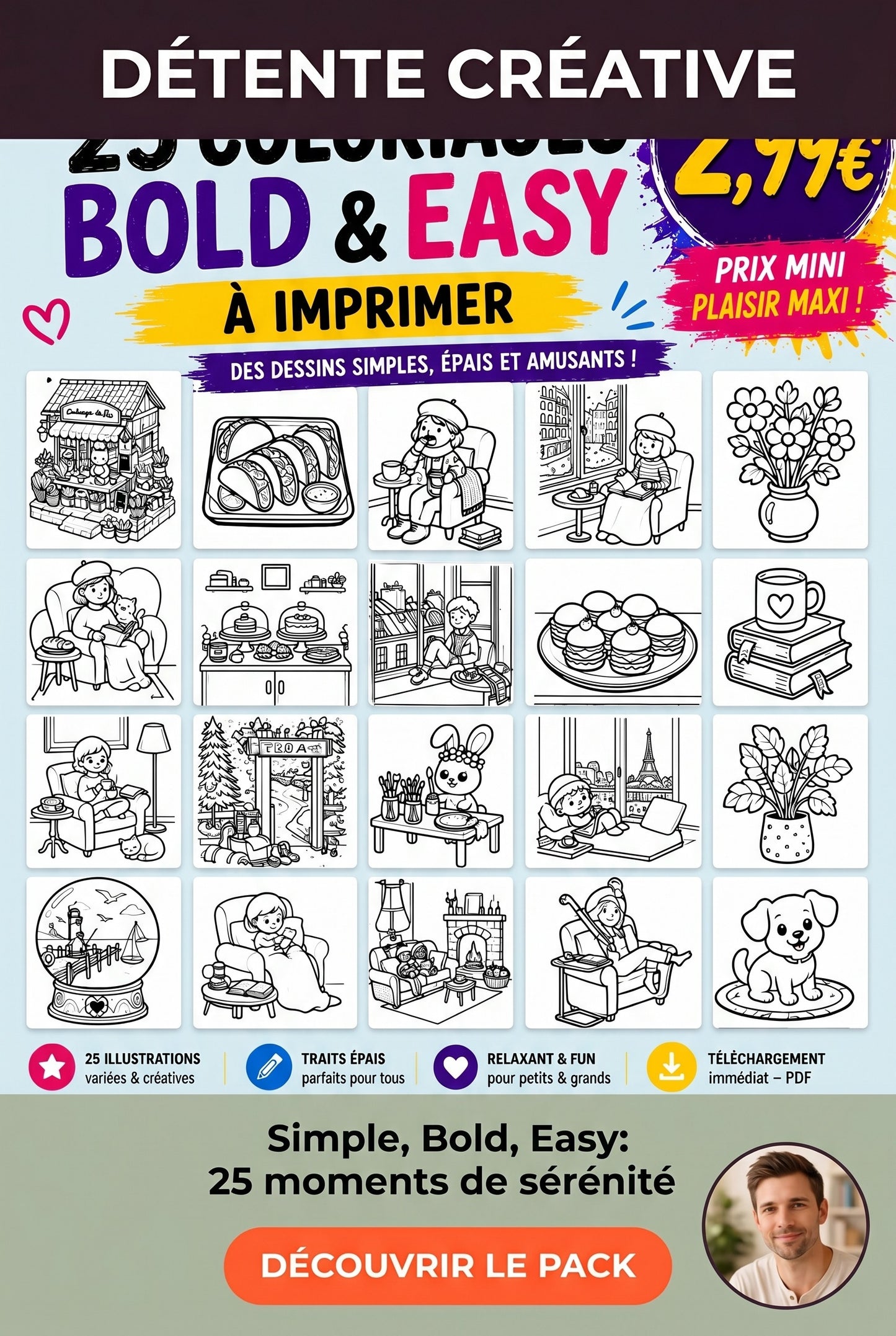 Mini Pack Découverte – 25 Coloriages Bold & Easy à Imprimer (2,99€)