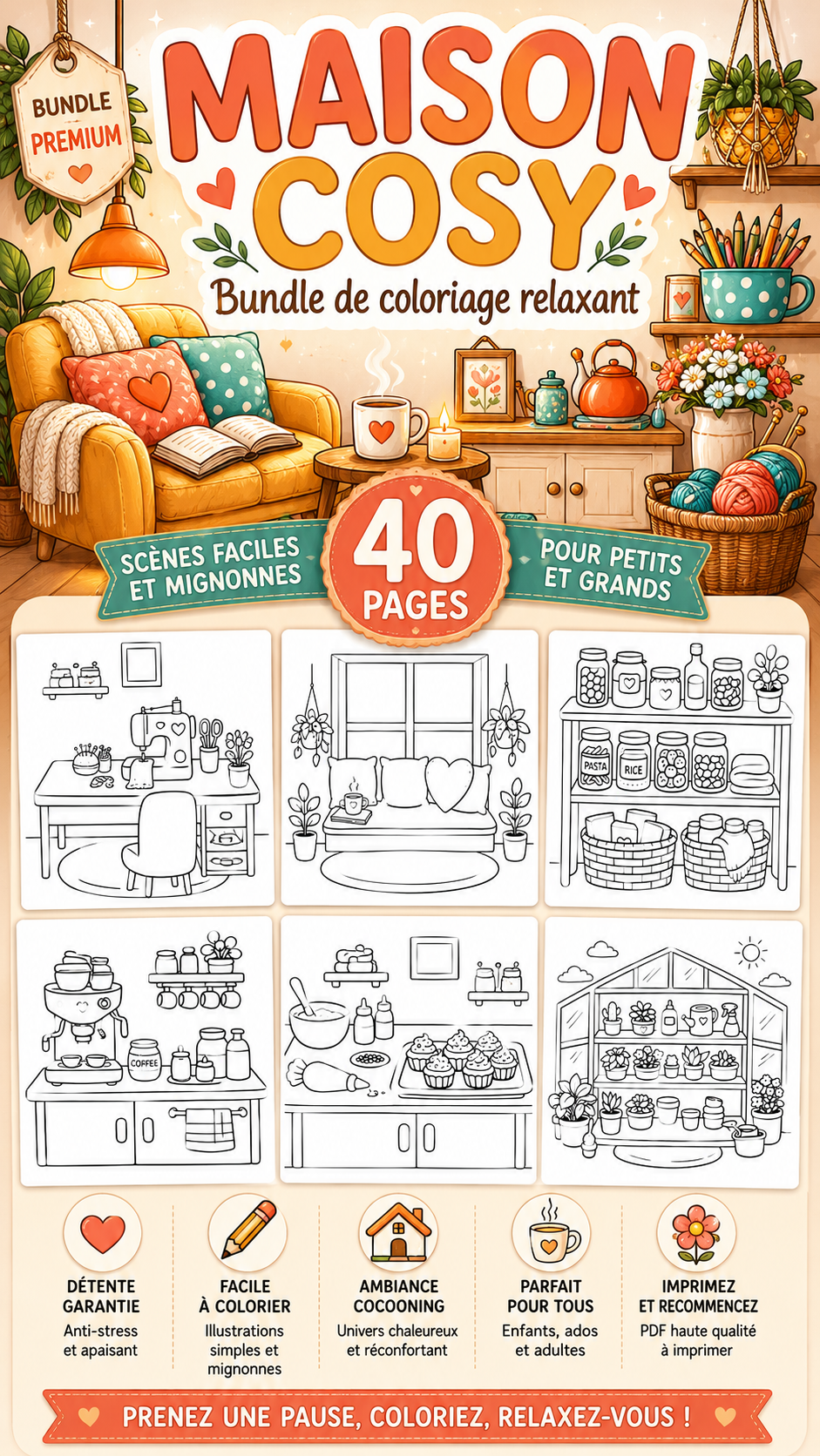 Coloriage relaxant maison cosy – slow living et cocooning PDF