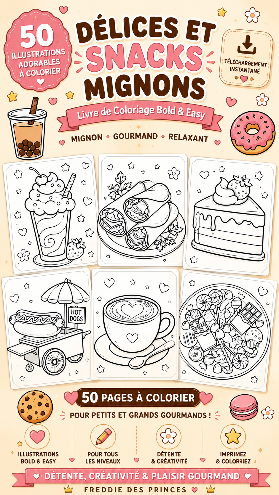 Coloriage kawaii gourmand â snacks et desserts mignons Bold & Easy PDF