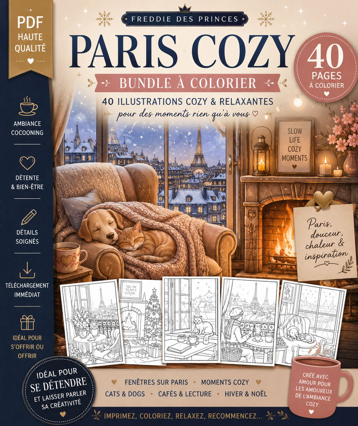 Coloriage relaxant Paris hivernal – cafés cosy et ambiance cocooning PDF