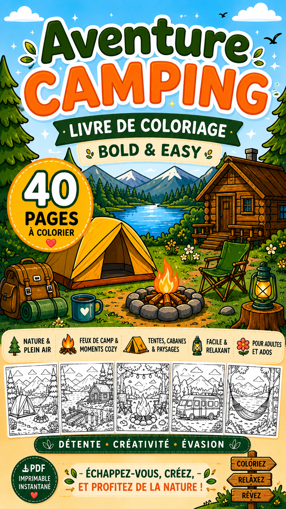 Livre de coloriage nature camping – scènes plein air Bold & Easy PDF
