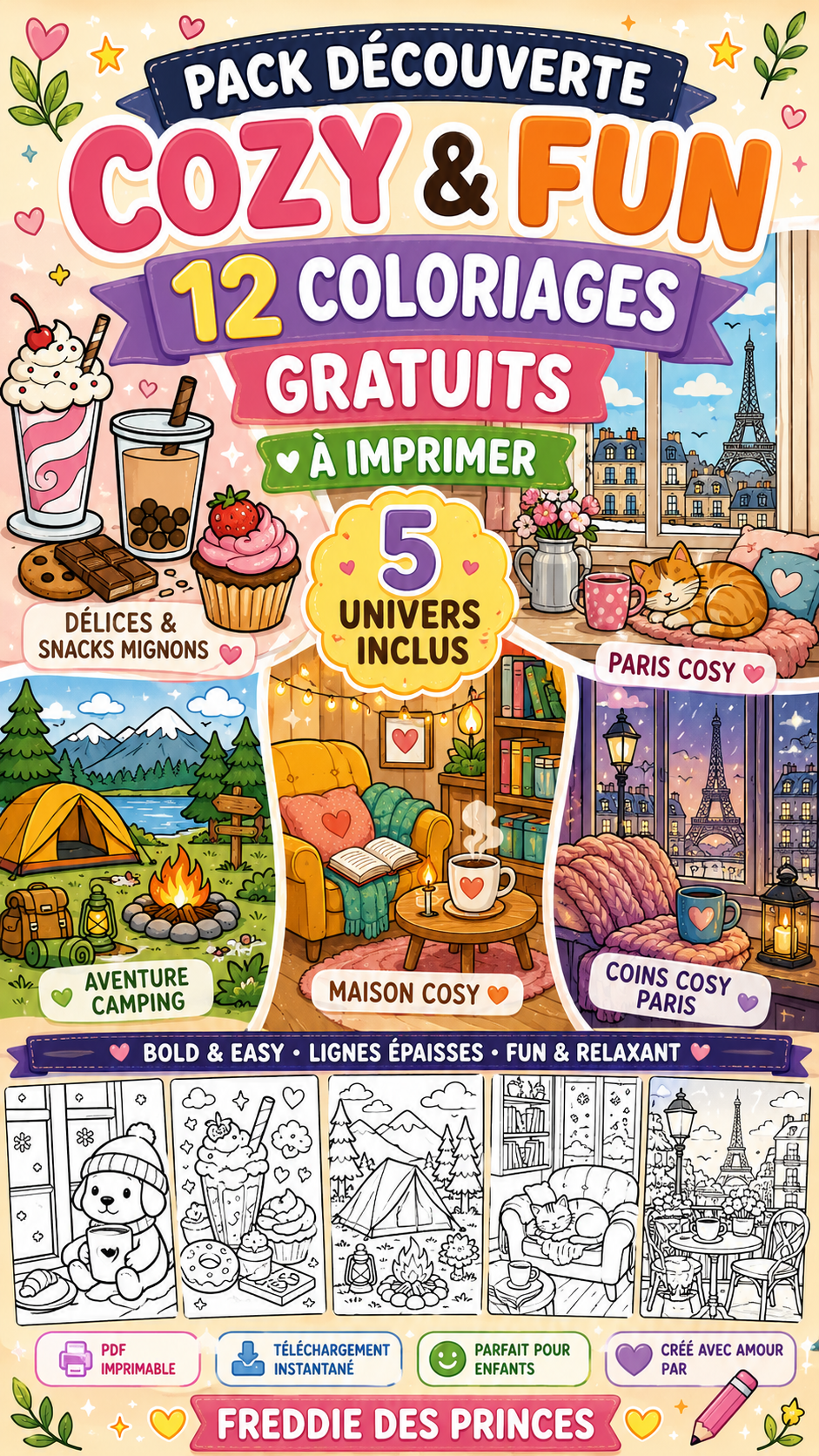 Cozy & Relax – Pack Découverte Gratuit | 12 Coloriages Bold & Easy à Imprimer (gratuit)