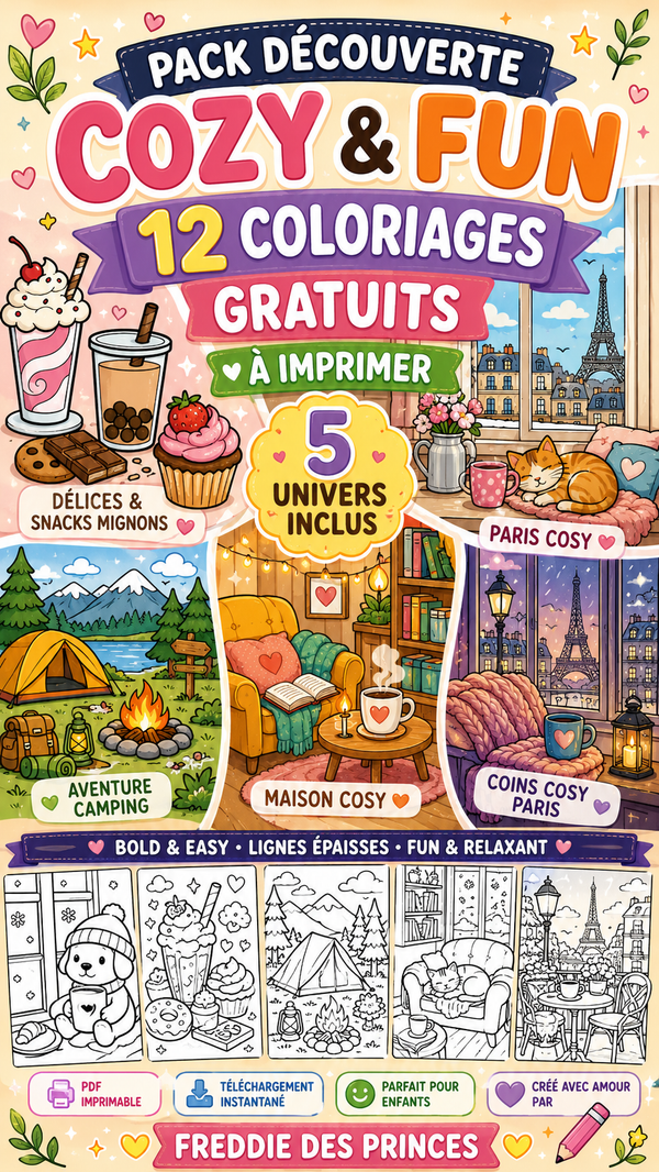 Cozy & Relax – Pack Découverte Gratuit | 12 Coloriages Bold & Easy à Imprimer (gratuit)