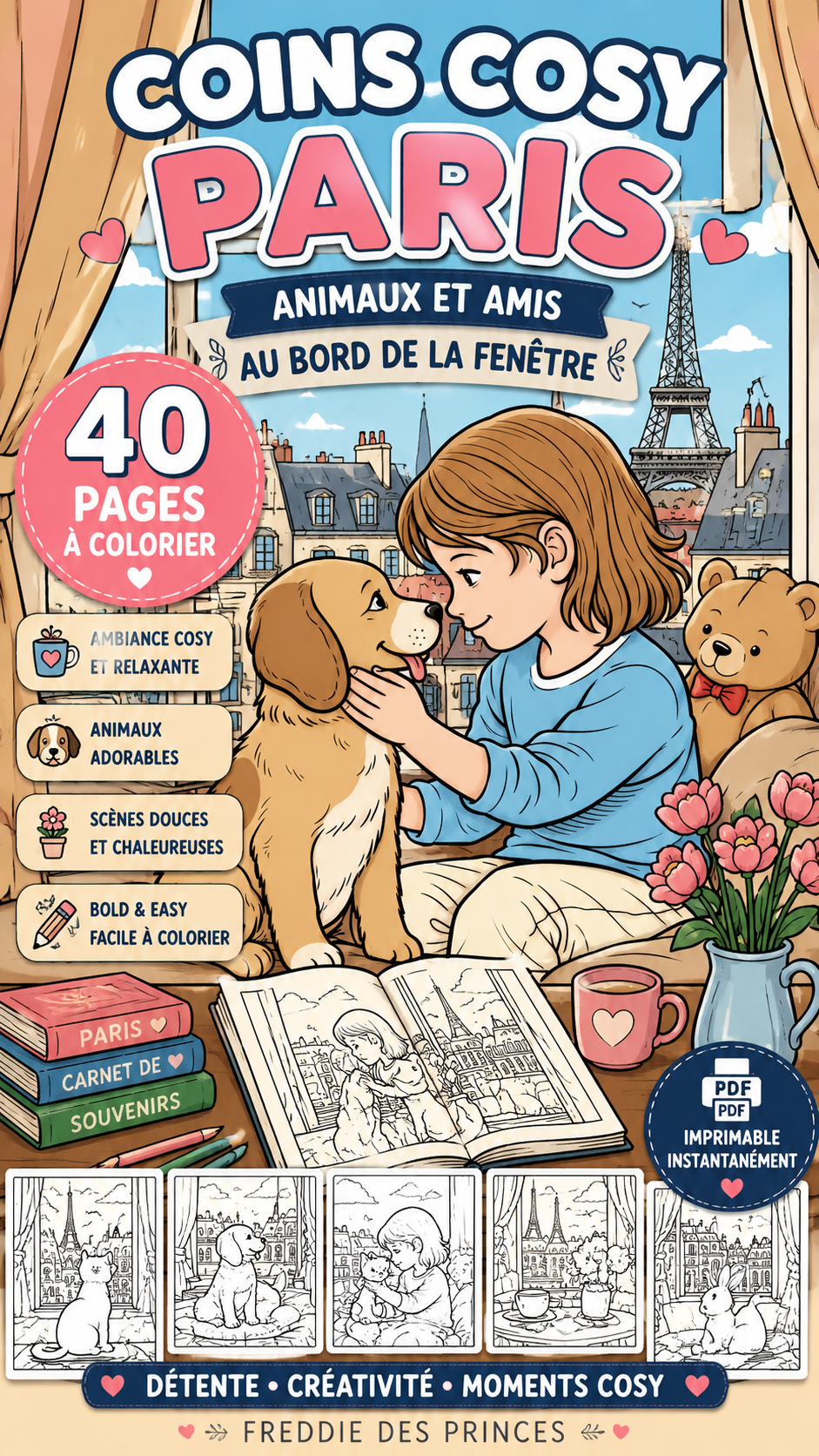 Coloriage cosy Paris – chats chiens et fenêtres parisiennes Bold & Easy PDF
