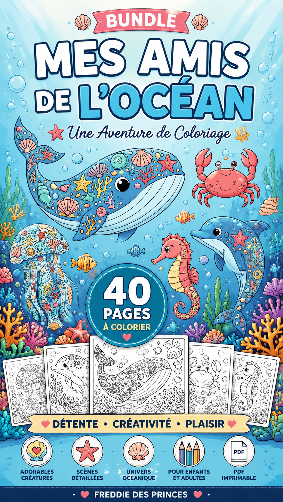 Coloriage animaux marins – dauphins baleines méduses PDF à imprimer