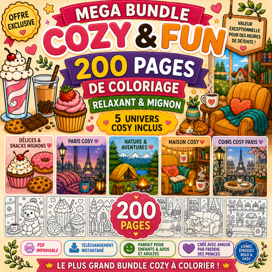 Mega bundle 200 pages coloriage relaxant cosy kawaii PDF à imprimer