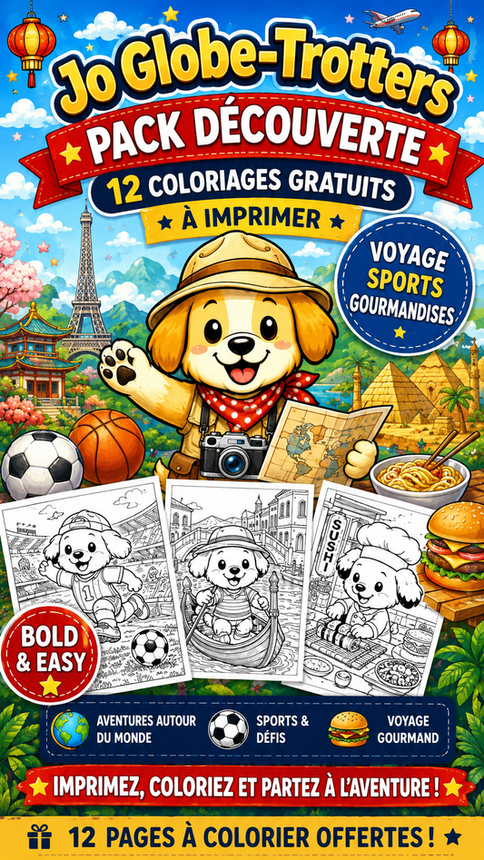 Pack Découverte Gratuit – 12 Coloriages Voyage & Aventure Jo Globe-Trotters  (gratuit)