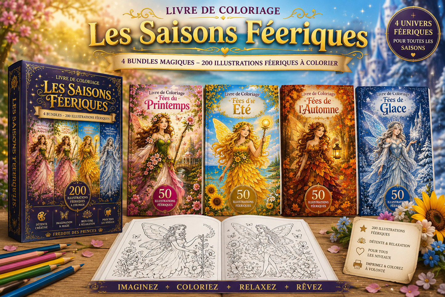 Mega bundle coloriage féérique 4 saisons – 200 pages PDF à imprimer