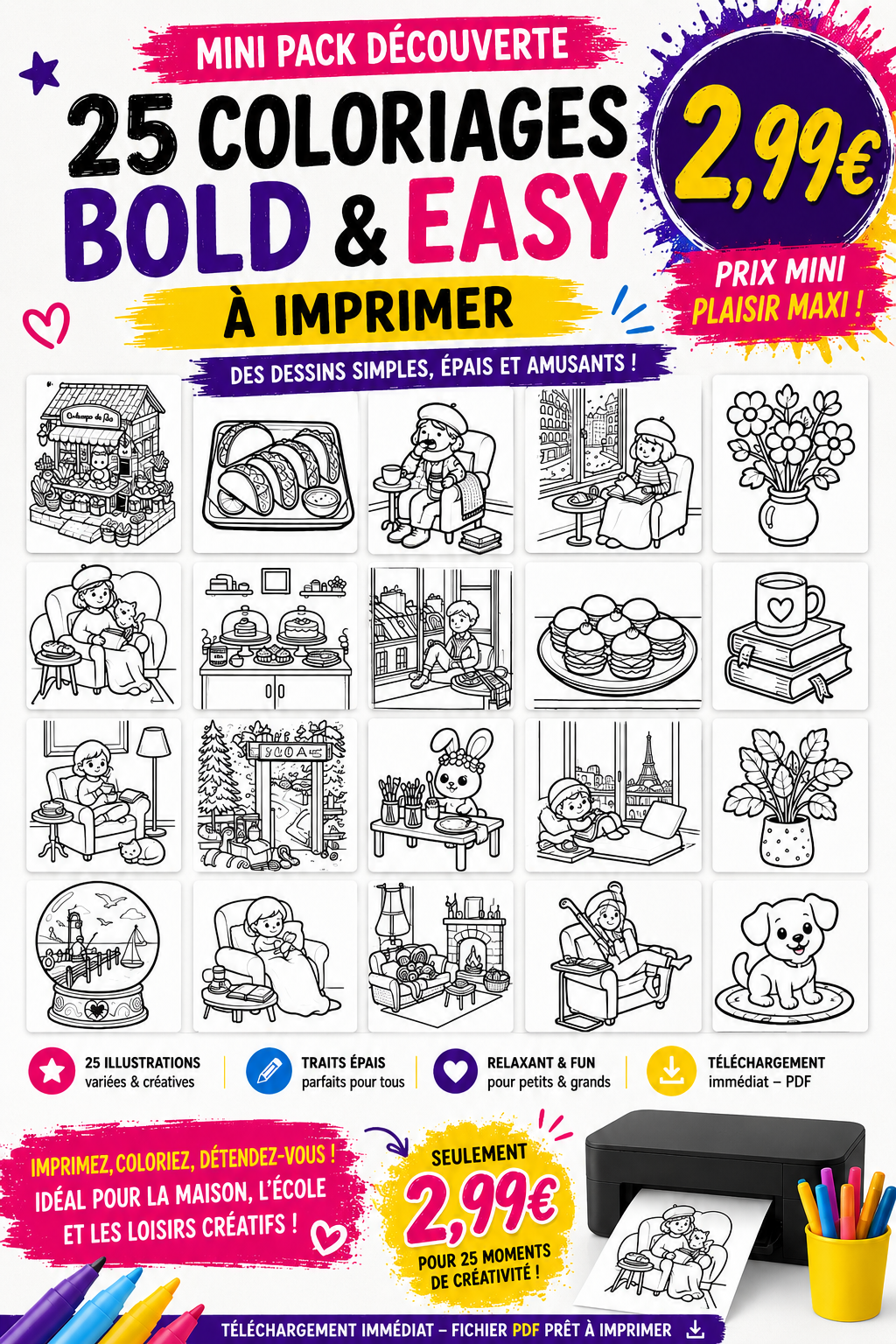 Mini Pack Découverte – 25 Coloriages Bold & Easy à Imprimer (2,99€)