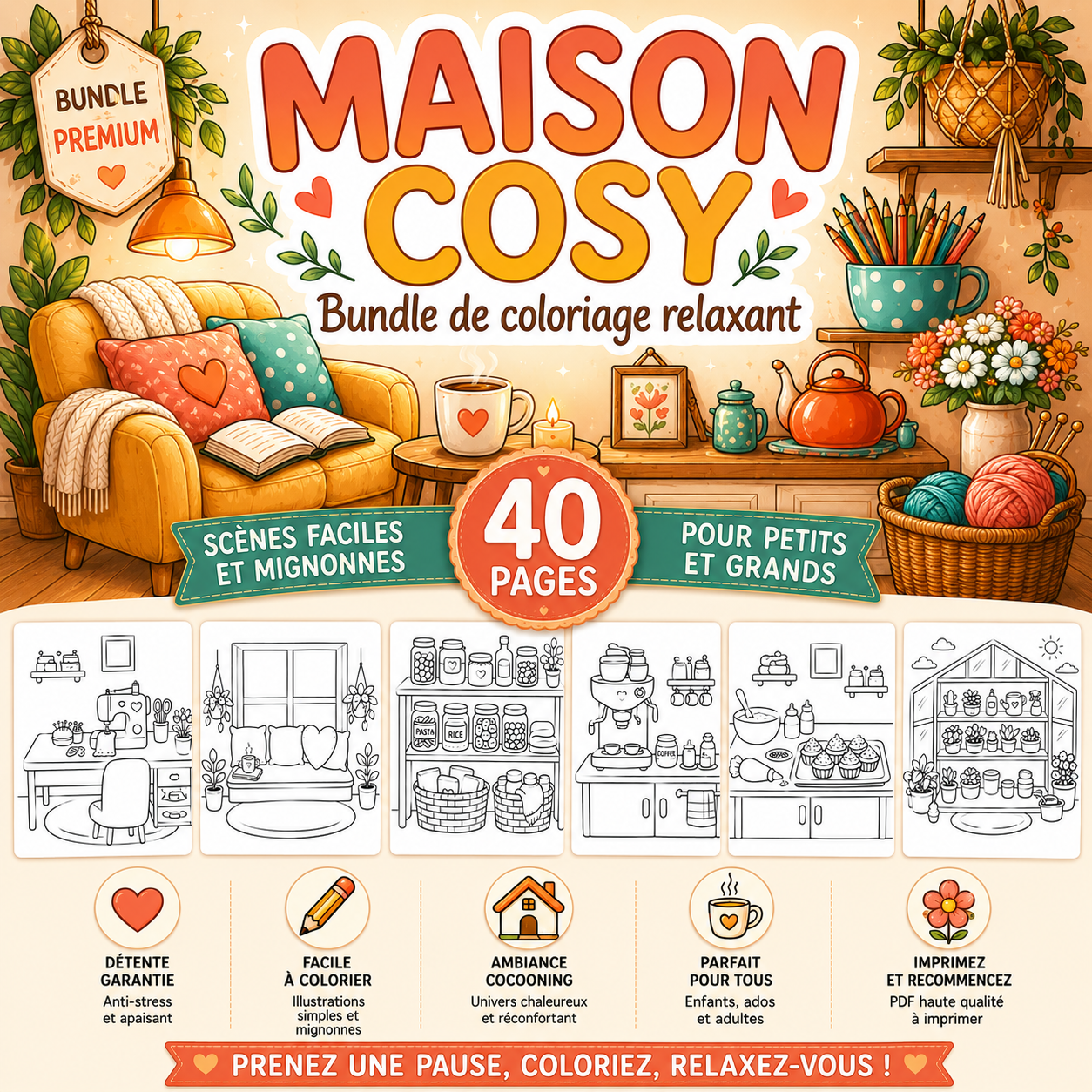 Coloriage relaxant maison cosy – slow living et cocooning PDF
