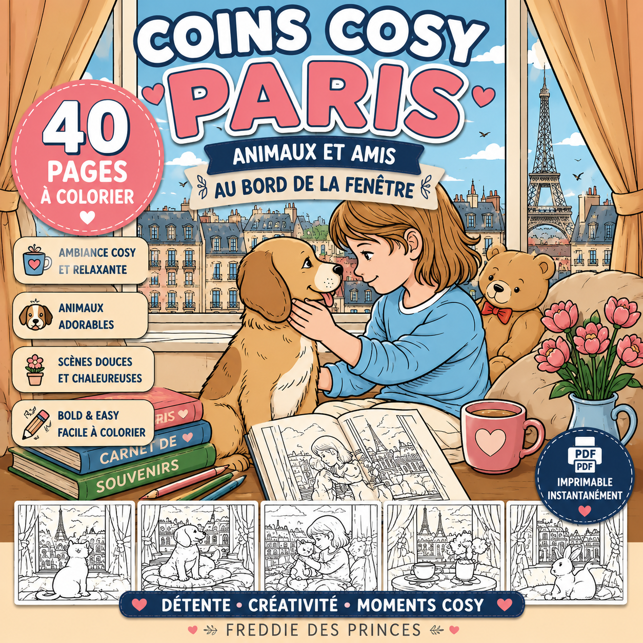 Coloriage cosy Paris – chats chiens et fenêtres parisiennes Bold & Easy PDF