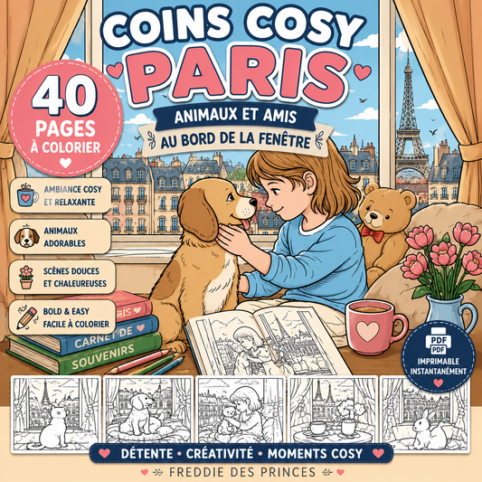 Coloriage cosy Paris – chats chiens et fenêtres parisiennes Bold & Easy PDF