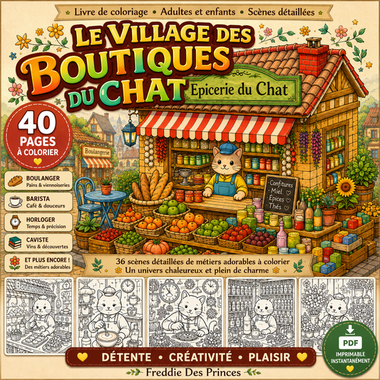 Coloriage cosy kawaii – village de chats commerçants PDF