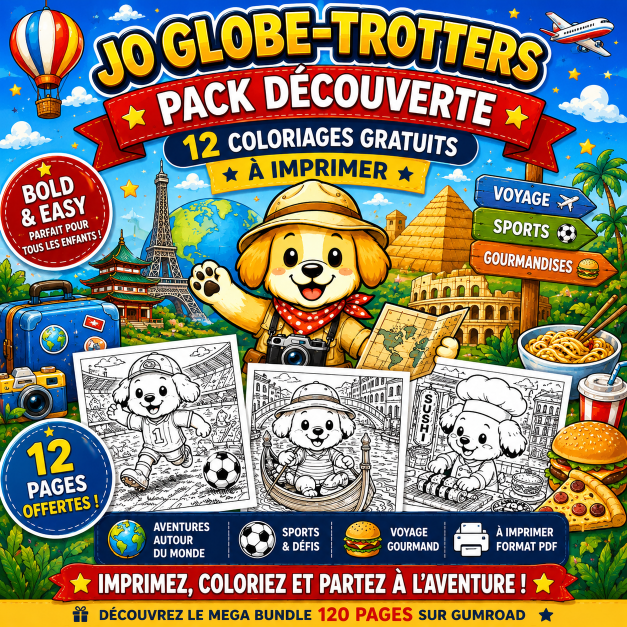 Pack gratuit 12 coloriages voyage et aventure enfants PDF