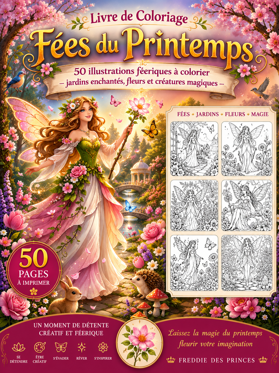 Livre de coloriage féérique floral – 50 illustrations printanières PDF