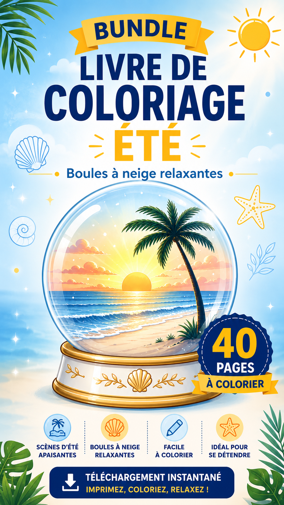 Coloriage relaxant été – scènes estivales en boules de neige PDF