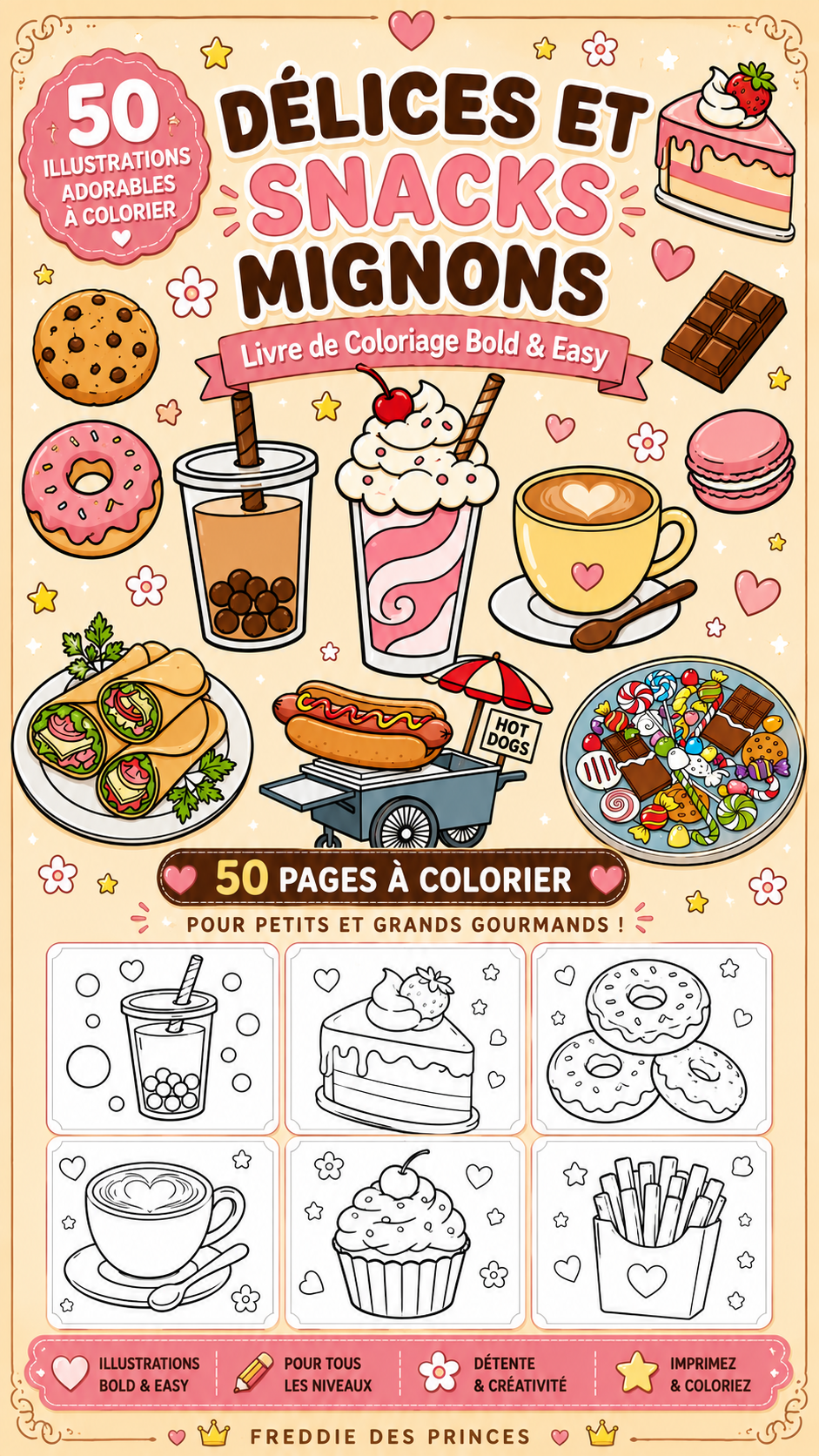 Coloriage kawaii gourmand – snacks et desserts mignons Bold & Easy PDF
