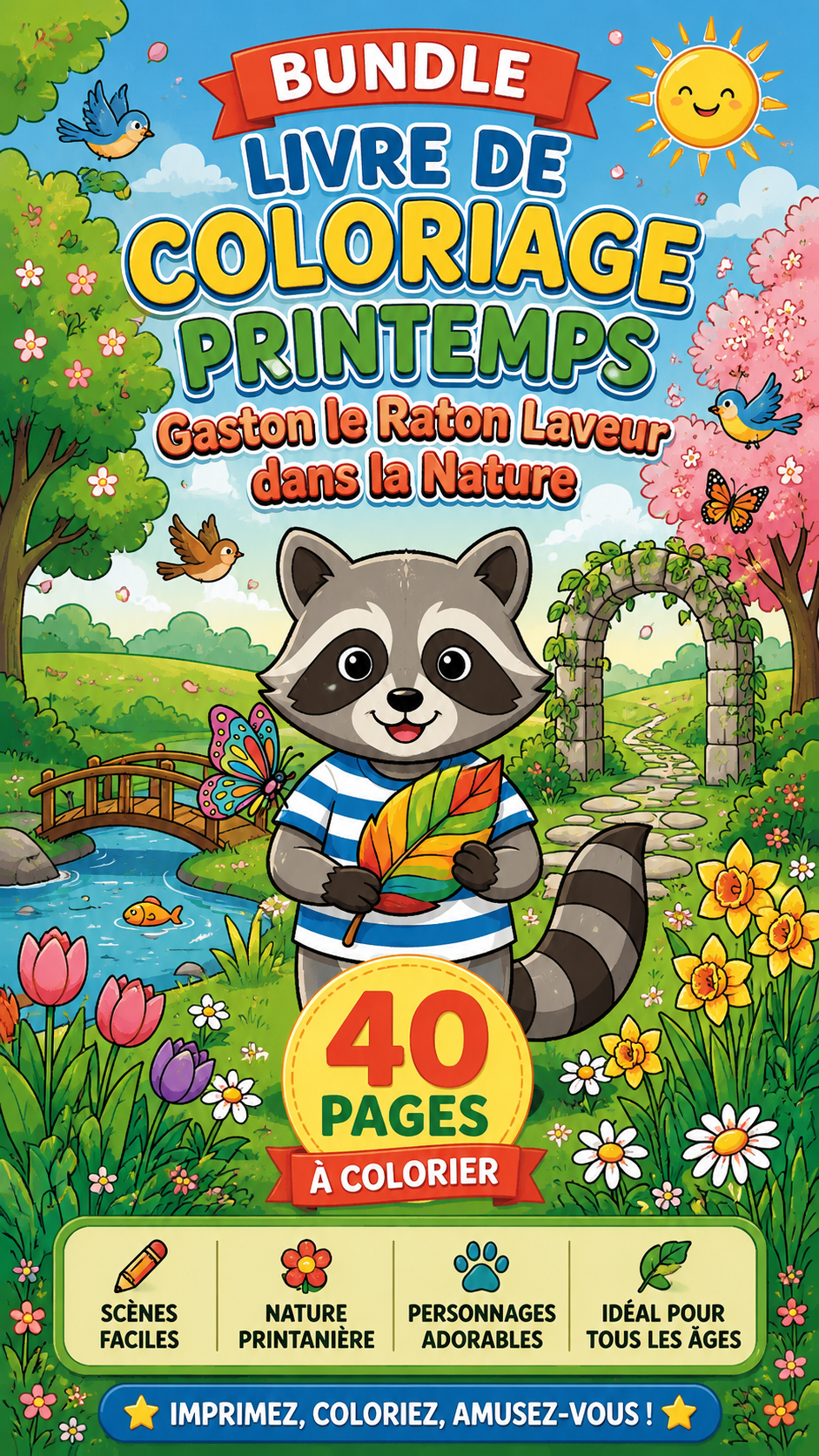 Coloriage printemps enfants – Gaston le raton laveur kawaii PDF