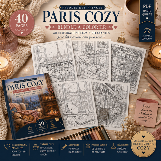Coloriage relaxant Paris hivernal – cafés cosy et ambiance cocooning PDF