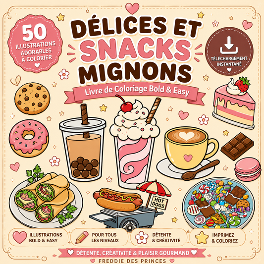 Coloriage kawaii gourmand – snacks et desserts mignons Bold & Easy PDF