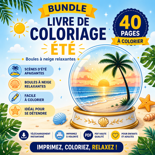 Coloriage relaxant été – scènes estivales en boules de neige PDF