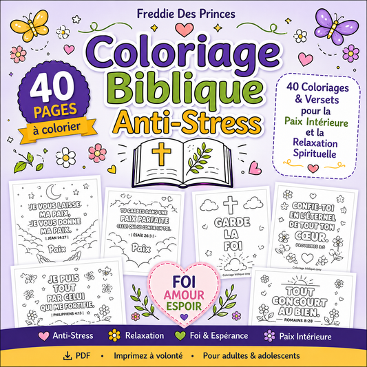 Coloriage Biblique Anti-Stress – 40 Versets Illustrés pour la Paix Intérieure (PDF à Imprimer)