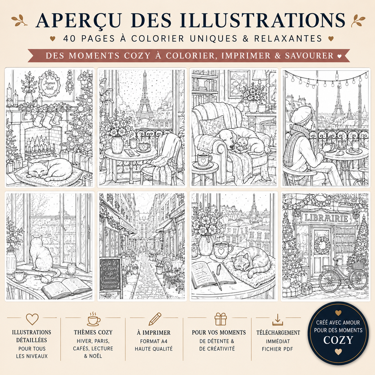Coloriage relaxant Paris hivernal – cafés cosy et ambiance cocooning PDF