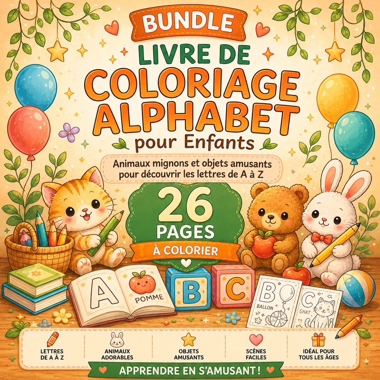 Coloriage éducatif alphabet enfants – 26 lettres avec animaux PDF
